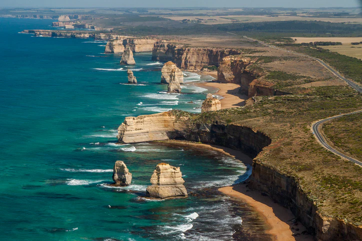 Wide shot of the 12 apostles rock formations on the Great Ocean Road.
