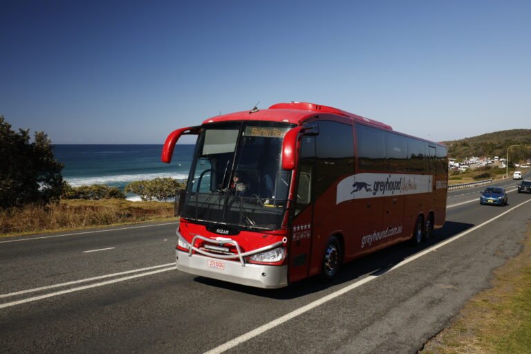 Red Greyhound bus driving along a road.