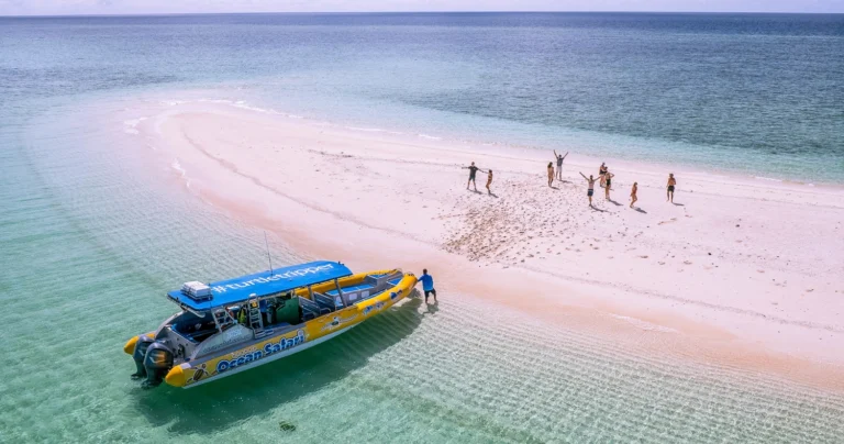A rafting boat parked on a sand cay just off Cape Tribulation.