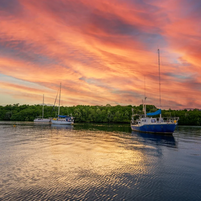 Two boats sitting in the water at Trinity Inlet in Cairns during sunset.