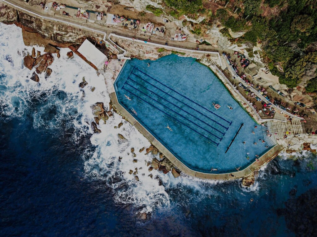 Aerial view of the swimming pool on the coast of Bondi Beach