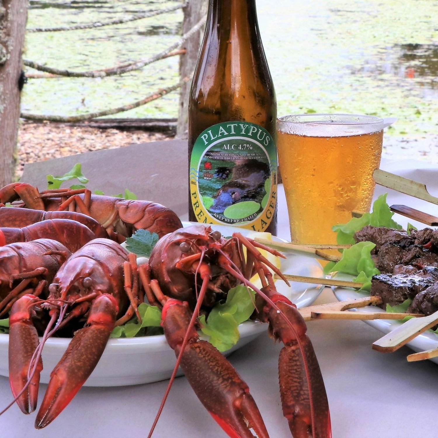 Cooked lobsters in a bowl next to skewered meat and a glass of beer behind.