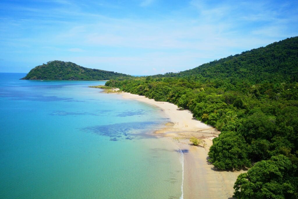 Image shows a birds eye view of a beach on the East Coast Australia
