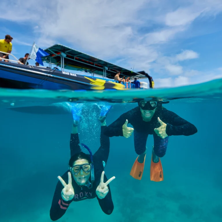 Spilt show of two snorkelers swimming underwater with the Cairns private charter boat above the water.