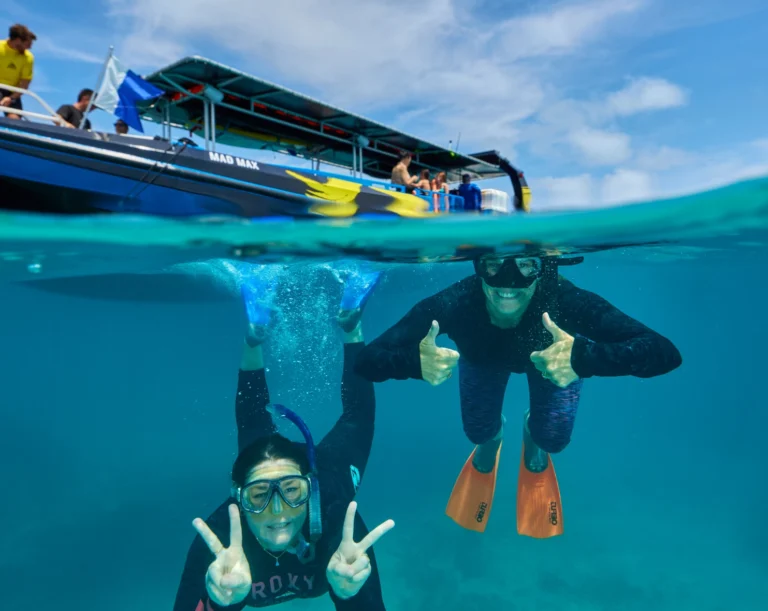 Spilt show of two snorkelers swimming underwater with the Cairns private charter boat above the water.
