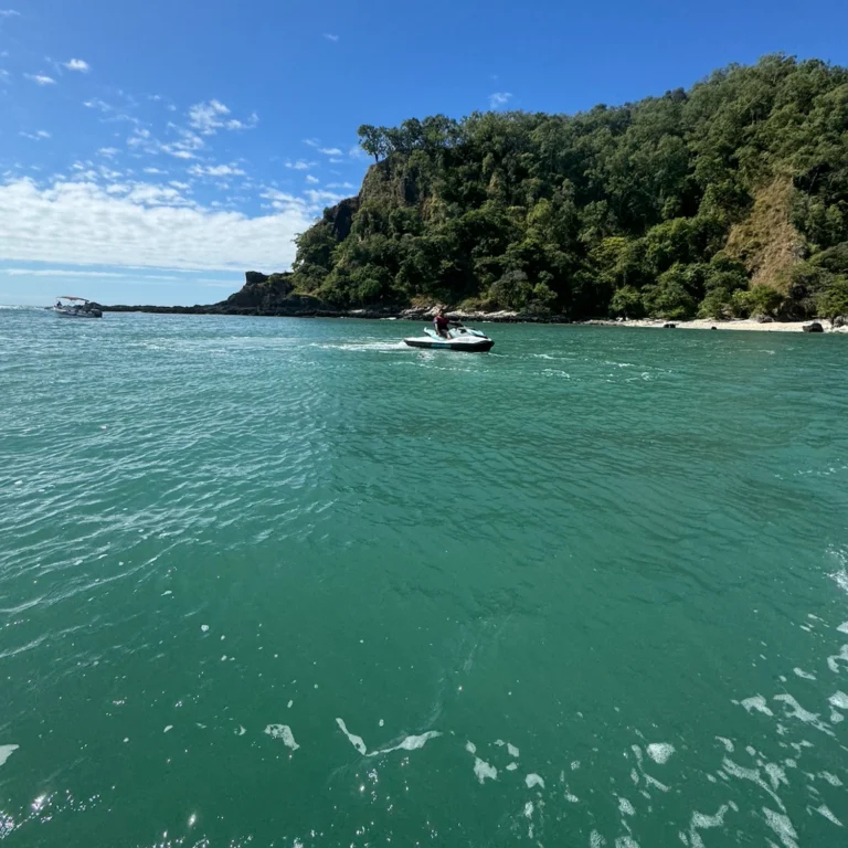 Wide shot of the coastline with a person riding a jet ski in the distance.