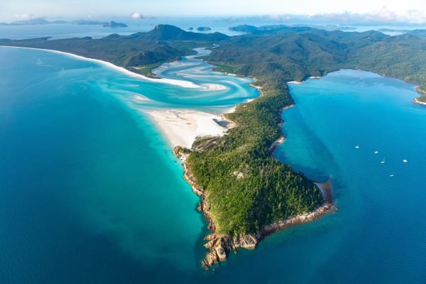 Aerial view of the swirling sands of the Whitsundays from an East Coast Australia tour